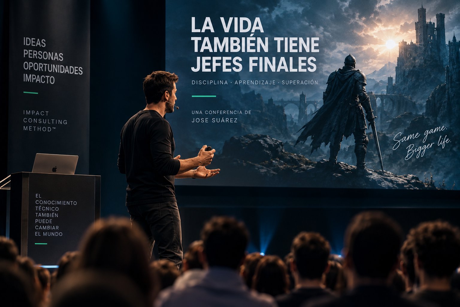José Suárez presentando la conferencia La vida también tiene jefes finales, con una imagen de Dark Souls de fondo