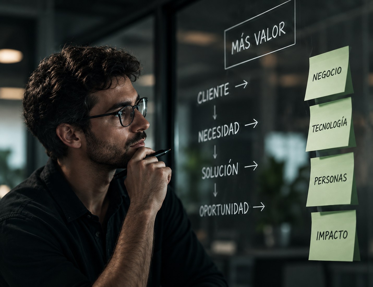 Consultor pensando frente a una pizarra de cristal con el proceso cliente, necesidad, solución, oportunidad